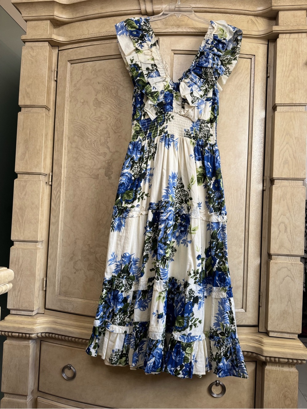 Caroline Constas White Maxi Dress with Blue Floral Print